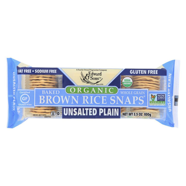 Edward and Sons Brown Rice Snaps - Unsalted Plain - Case of 12 - 3.5 oz.