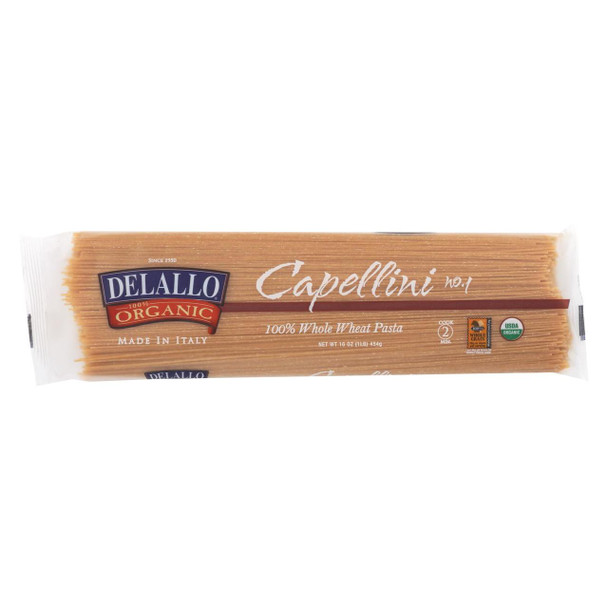 Delallo - Organic Whole Wheat Capellini Pasta - Case of 16 - 1 lb.
