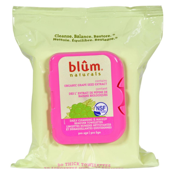 Blum Naturals - Daily Cleansing and Makeup Remover Towelettes Pro Age - 30 Towelettes - Case of 3