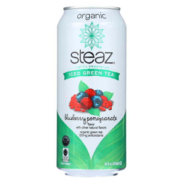 Steaz Lightly Sweetened Green Tea - Blueberry Pomegranate - Case of 12 - 16 Fl oz.