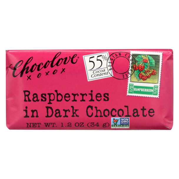 Chocolove Xoxox - Premium Chocolate Bar - Dark Chocolate - Raspberries - Mini - 1.2 oz Bars - Case of 12