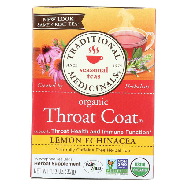 Traditional Medicinals Organic Throat Coat Lemon Echinacea Herbal Tea - Caffeine Free - 16 Bags