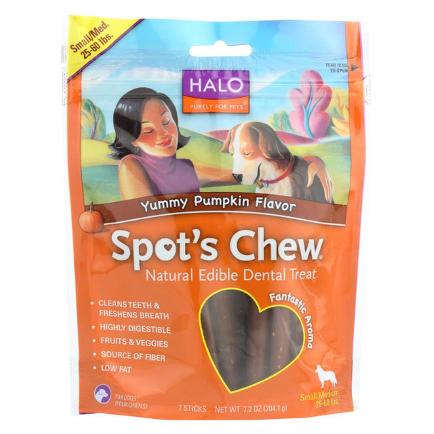 Halo Purely For Pets Spot's Chew Natural Edible Dental Treat For Dogs - Pumpkin Flavor - Case of 6 - 7.2 oz.