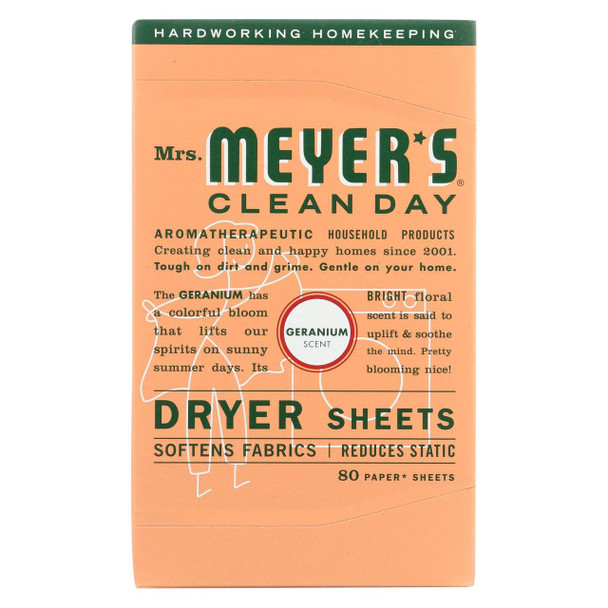 Mrs. Meyer's Clean Day - Dryer Sheets - Geranium - Case of 12 - 80 Sheets