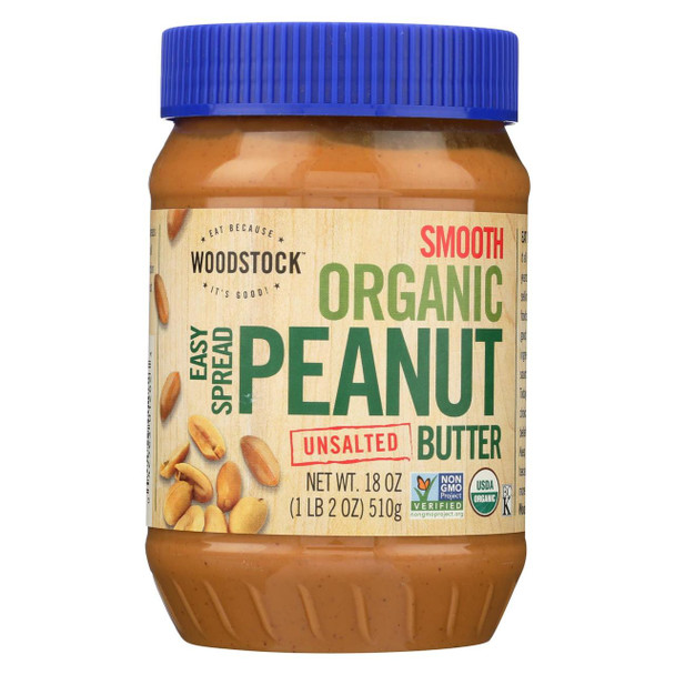 Woodstock Organic Unsalted Smooth Easy Spread Peanut Butter - Case of 12 - 18 OZ