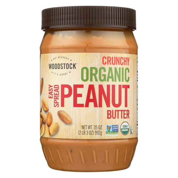 Woodstock Organic Crunchy Easy Spread Peanut Butter - Case of 12 - 35 OZ