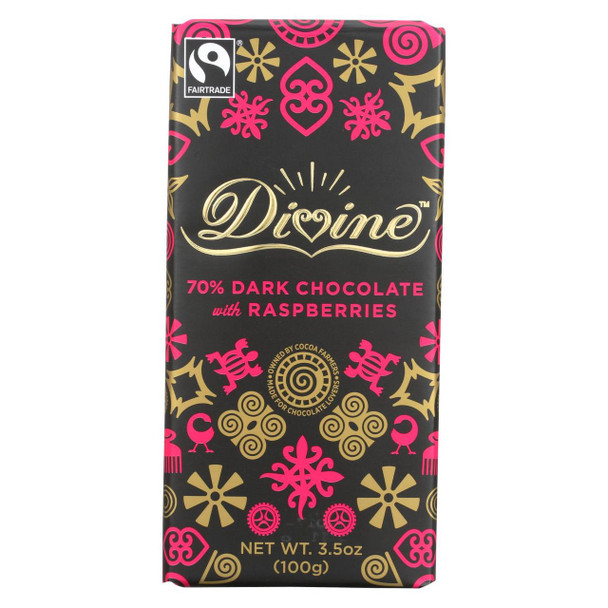 Divine Chocolate Bar - Dark Chocolate - 70 Percent Cocoa - Raspberries - 3.5 oz Bars - Case of 10