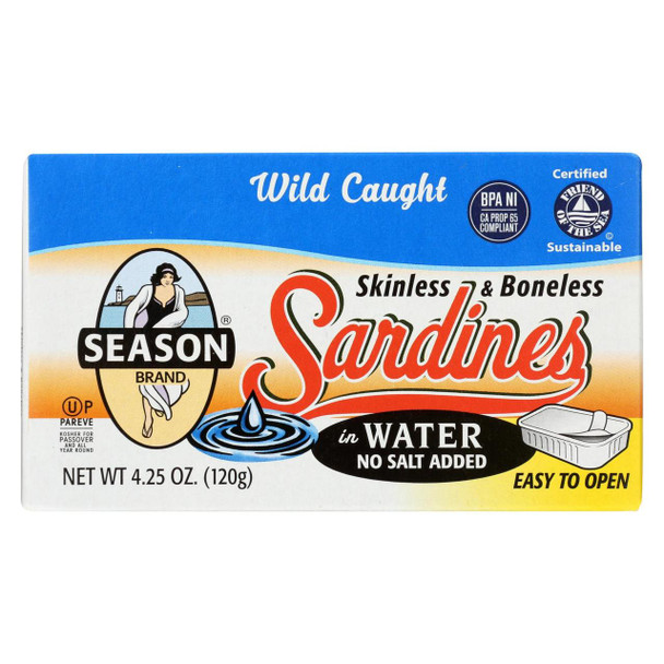 Season Brand Skinless and Boneless Sardines in Water  - No Salt Added - Case of 12 - 4.25 oz.