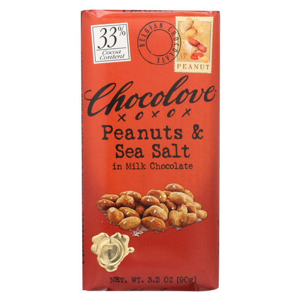 Chocolove Xoxox Premium Chocolate Bar - Milk Chocolate - Salted Peanut - 3.2 oz Bars - Case of 12