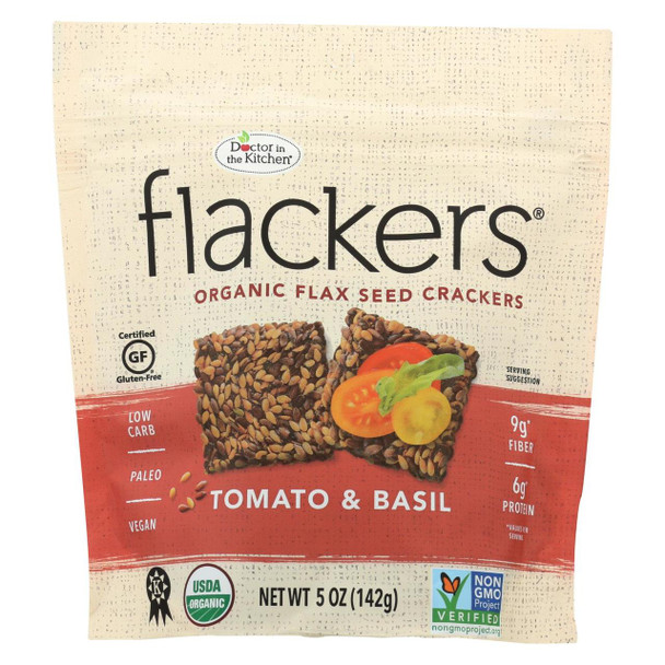 Dr. In The Kitchen Flackers Organic Flax Seed Crackers - Tomato and Basil - Case of 12 - 5 oz.