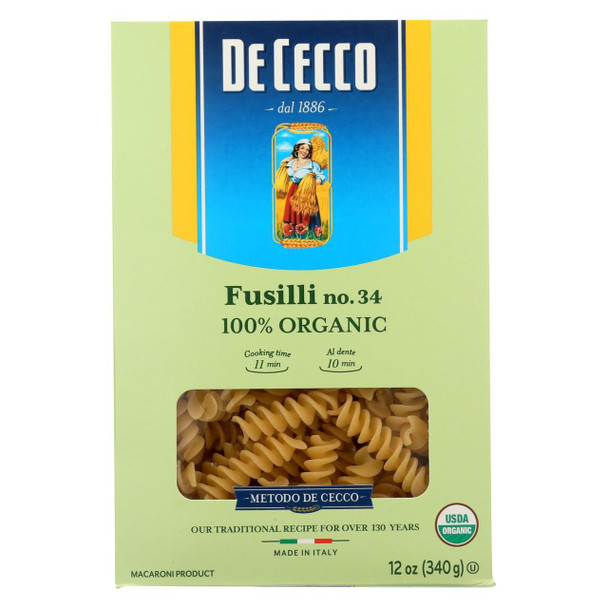 De Cecco Pasta - Organic Fusilli Pasta - Case of 12 - 12 oz.