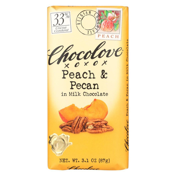 Chocolove Xoxox Premium Chocolate Bar - Milk Chocolate - Peach and Pecan - 3.1 oz Bars - Case of 12