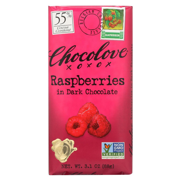 Chocolove Xoxox - Premium Chocolate Bar - Dark Chocolate - Raspberries - 3.1 oz Bars - Case of 12