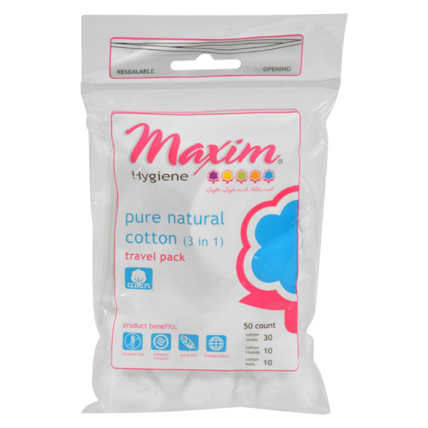Maxim Hygiene 3 In 1 Pure Travel Pack - Cotton Swabs Rounds and Balls - 50 count