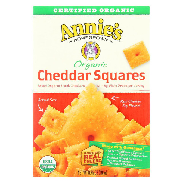 Annie's Homegrown Organic Cheddar Squares Baked Snacked Crackers - Case of 12 - 6.75 oz.