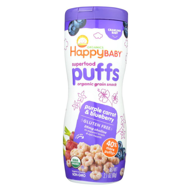 Happy Baby Happy Bites Puffs - Organic HappyPuffs Purple Carrot and Blueberry - 2.1 oz - Case of 6