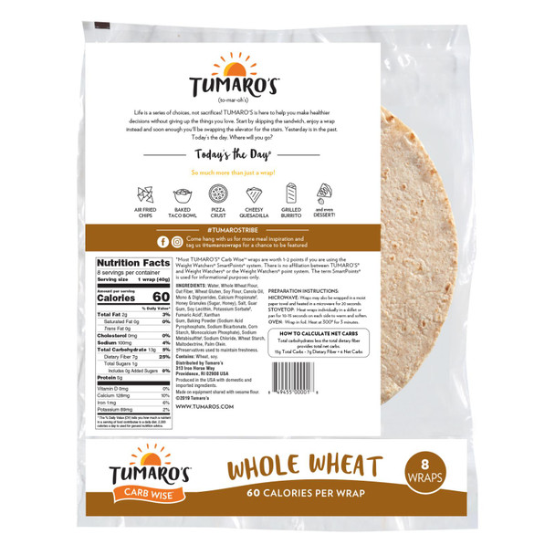Tumaro'S 8-inch Whole Wheat Carb Wise Wraps - Case of 6 - 8 CT