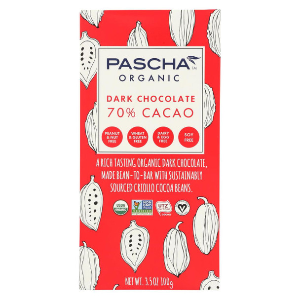 Pascha Organic Chocolate Bar - Dark Chocolate - 70 Percent Cacao - 3.5 oz Bars - Case of 10