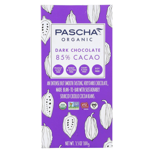 Pascha Organic Chocolate Bar - Dark Chocolate - 85 Percent Cacao - 3.5 oz Bars - Case of 10