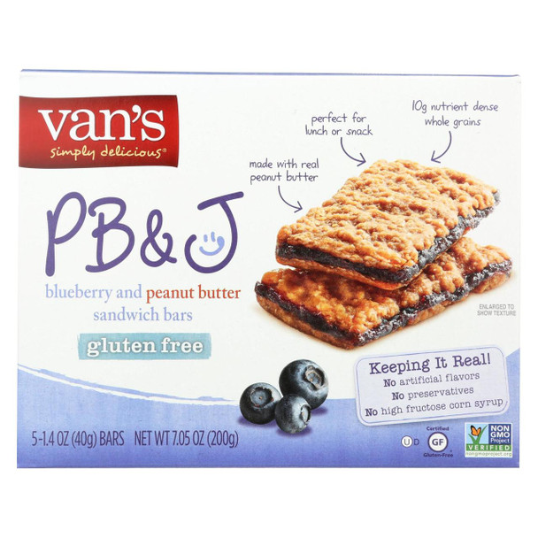 Van's Natural Foods Snack Bar - Peanut Butter and Blueberry - Gluten Free - Case of 6 - 5/1.4 oz