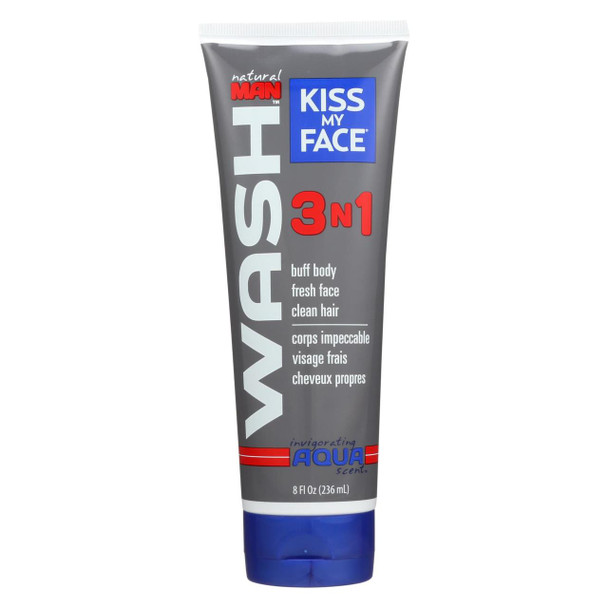 Kiss My Face Body Wash - Natural Man - 3N1 All-Over - Invigorating Aqua Scent - 8 oz - 1 each