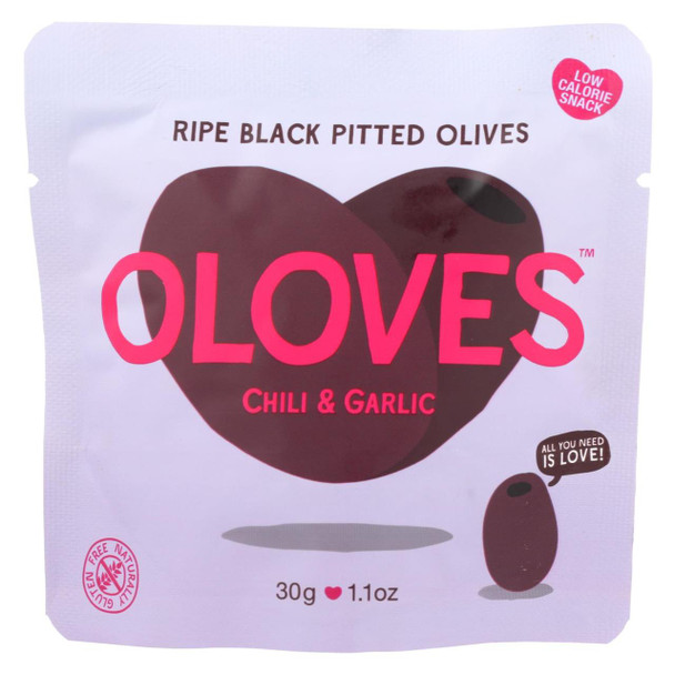 Oloves Black Pitted Olives - Chili and Garlic - Case of 10 - 1.1 oz.