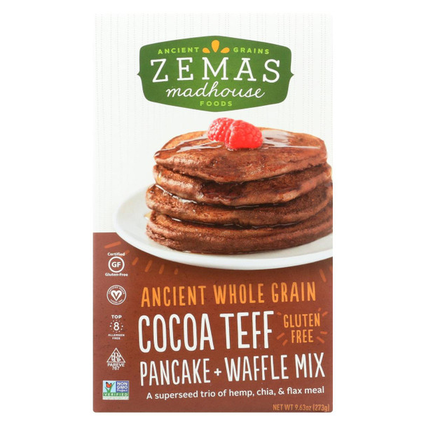 Zemas Madhouse Food Pancake and Waffle Mix - Cocoa Teff - Case of 6 - 9.63 oz.