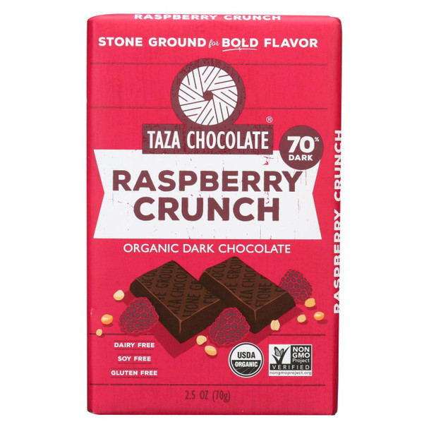 Taza Chocolate Stone Ground Organic Dark Chocolate Bar - Raspberry Crunch - Case of 10 - 2.5 oz.