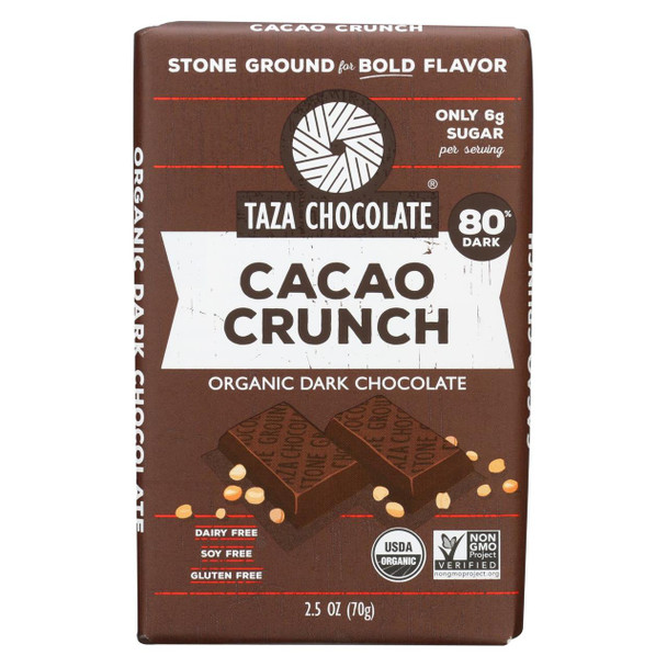 Taza Chocolate Stone Ground Organic Dark Chocolate Bar - Cacao Crunch - Case of 10 - 2.5 oz.