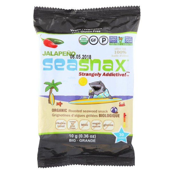 Seasnax Seaweed Snak - Organic - Jalapeno - Case of 12 - .36 oz