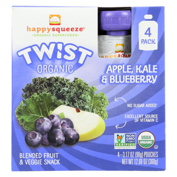 Happy Squeeze Fruit and Veggie Snack - Organic - Blended - Twist - Apple Kale and Blueberry - 4/3.17 oz - case of 4