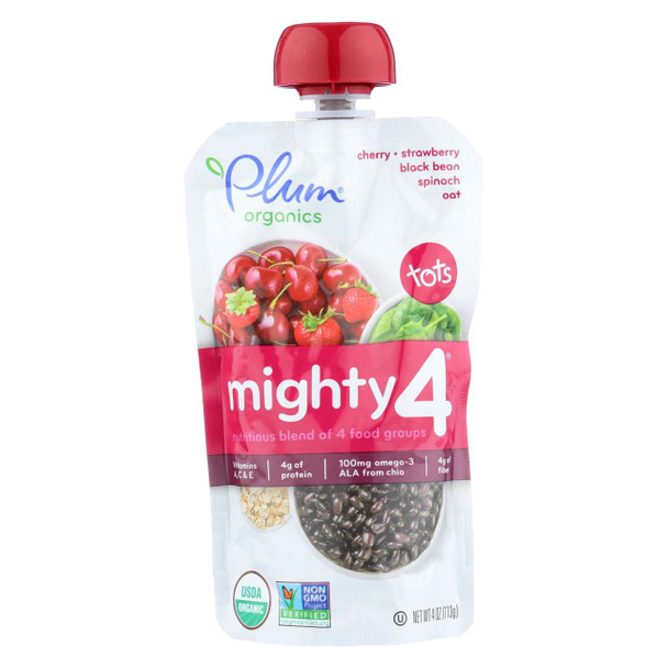 Plum Organics Mighty 4 Blends Tots - Cherry Strawberry Black Bean Spinach and Oat - Case of 6 - 4 oz.