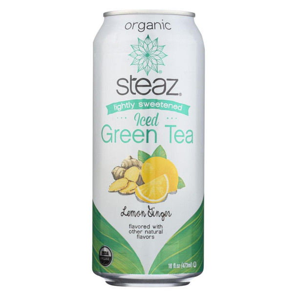 Steaz Lightly Sweetened Green Tea - Lemon Ginger - Case of 12 - 16 Fl oz.