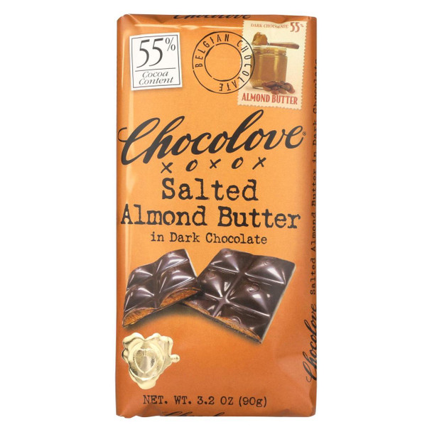 Chocolove Xoxox - Dark Chocolate Bar - Salted Almond Butter - Case of 10 - 3.2 oz