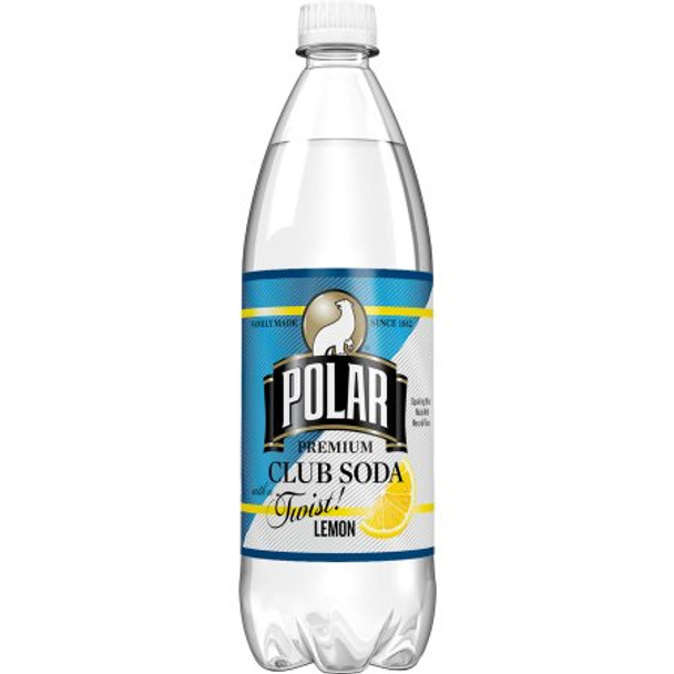Polar Beverages Club Soda - with Lemon - 1 Liter - Case of 12 - 33.8 fl oz