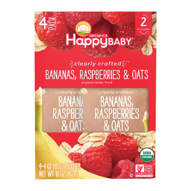 Happy Baby Organic Baby Food -Bananas - Raspberries & Oats - Case of 4 - 4/4 oz