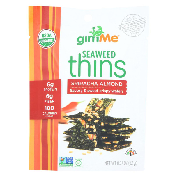 Gimme Seaweed Snacks Organic Seaweed Thins - Sriracha Almond - Case of 12 - .77 oz