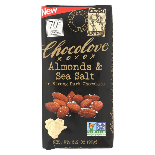 Chocolove Xoxox - Bar - Almond - Sea Salt - 70% Dark Chocolate - Case of 12 - 3.2 oz
