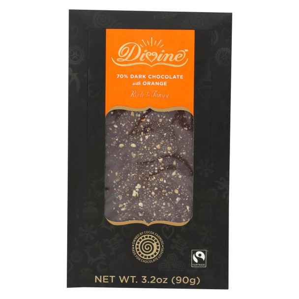 Divine Bar - 70% Dark Chocolate - Orange - Case of 12 - 3.2 oz