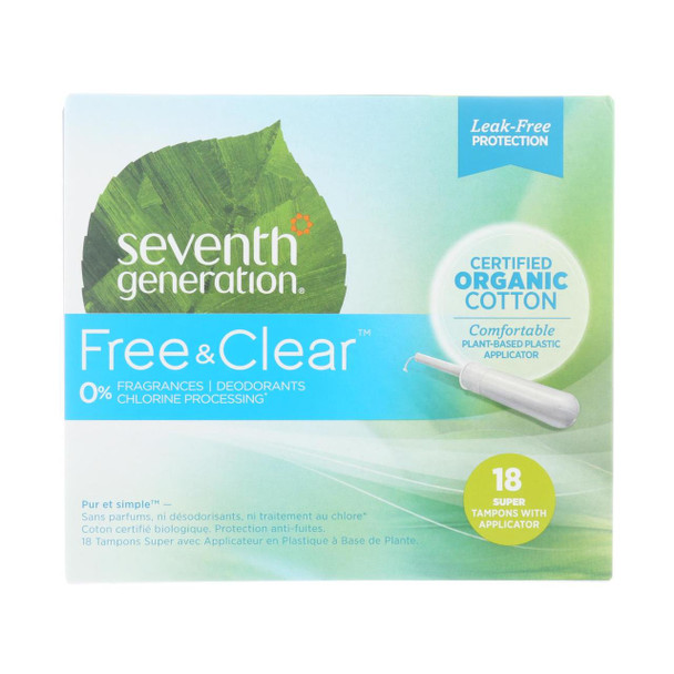 Seventh Generation - Free and Clear Tampons with Applicator - Super - Case of 12 - 18 Count