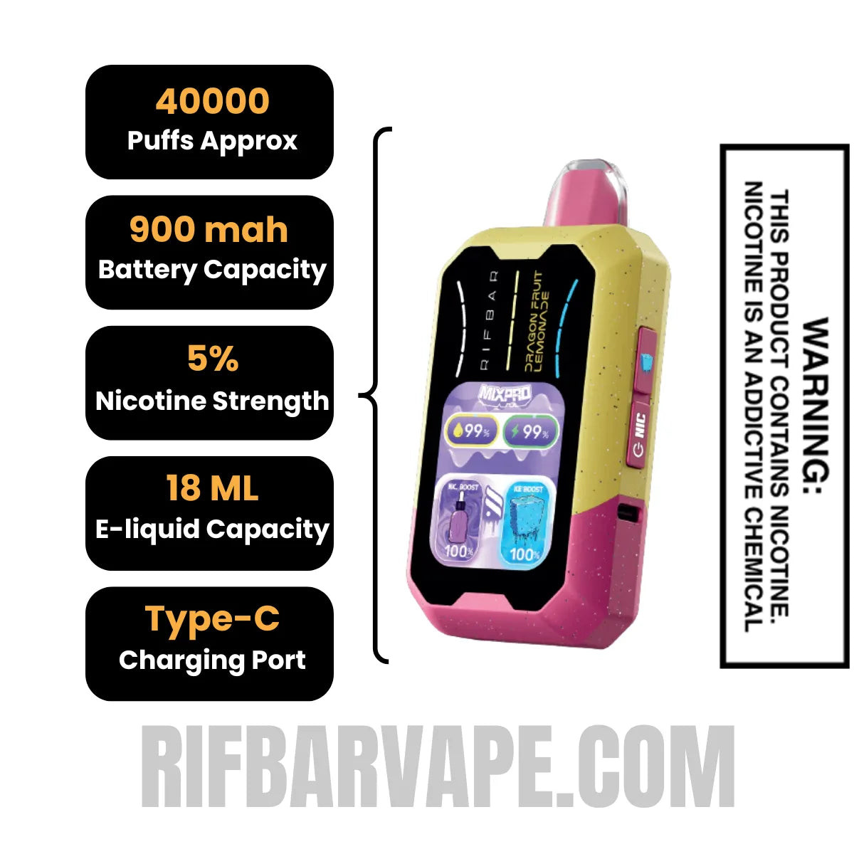 Dragonfruit Lemonade Rifbar MixPro Ice Disposable Vape specifications