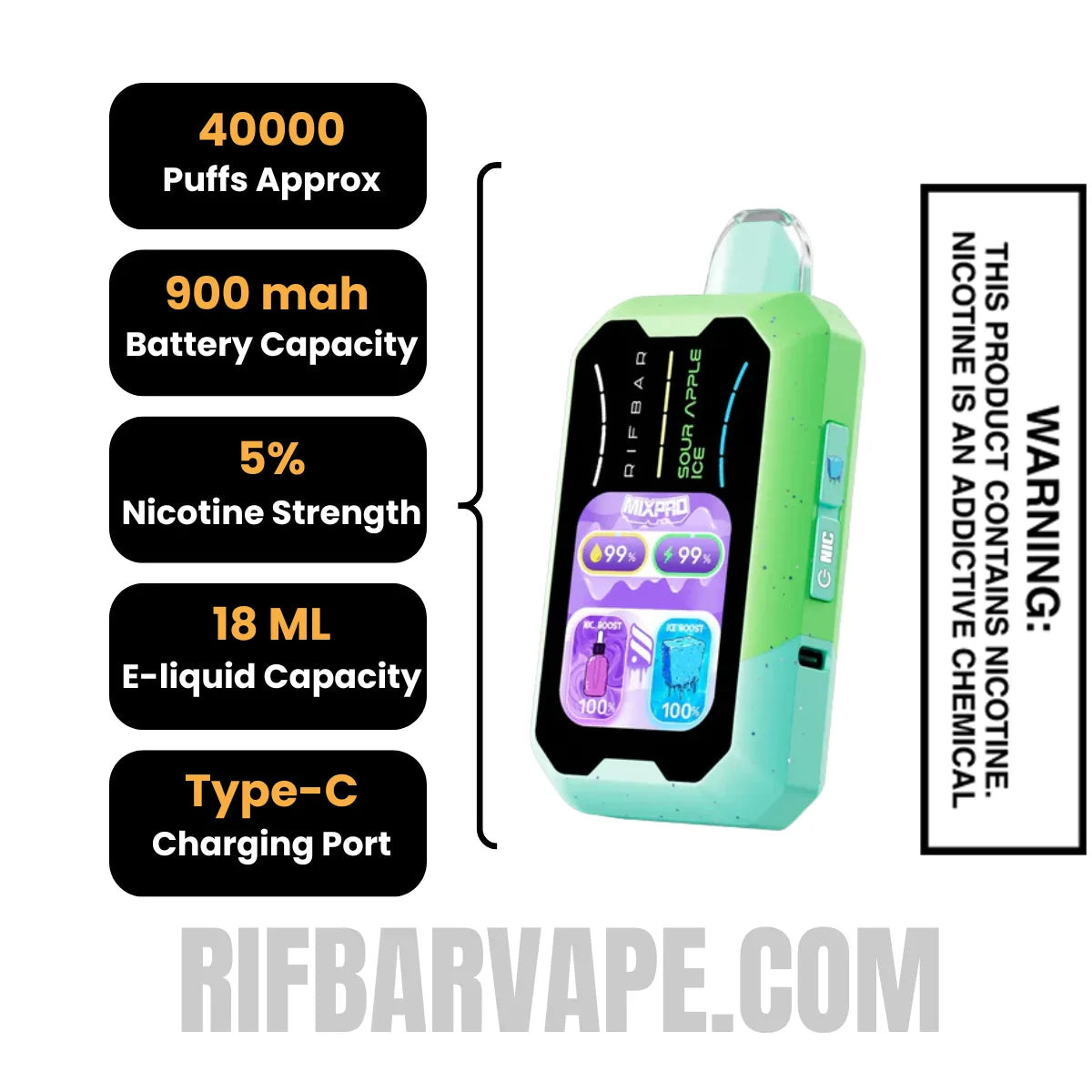 Sour Apple Ice Rifbar MixPro Ice Disposable Vape specifications