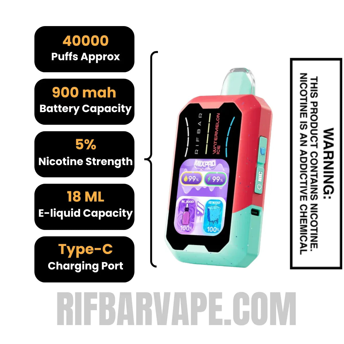 Watermelon Ice Rifbar MixPro Ice Disposable Vape specifications
