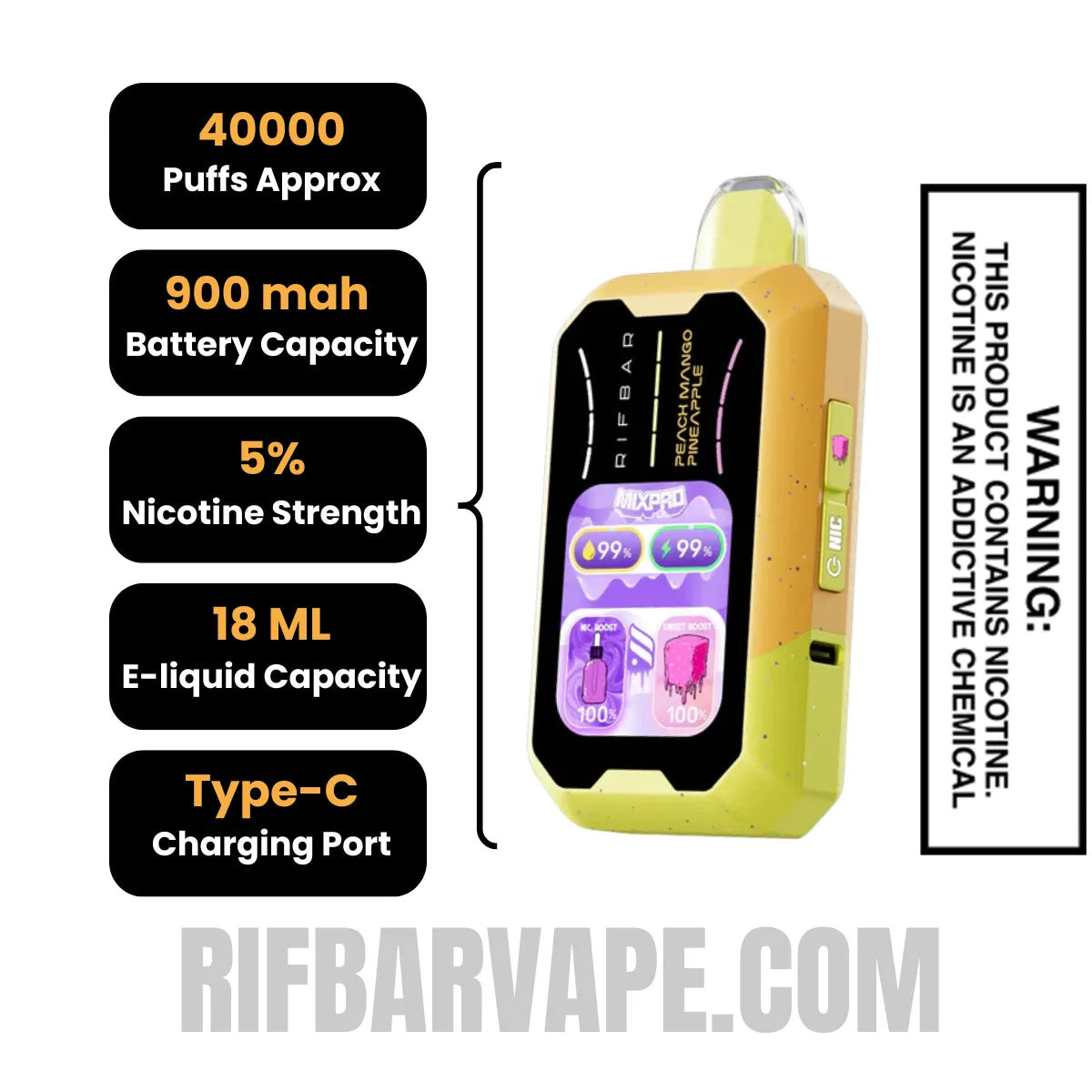 Peach Mango Pineapple Rifbar MixPro Sweet Disposable Vape specifications