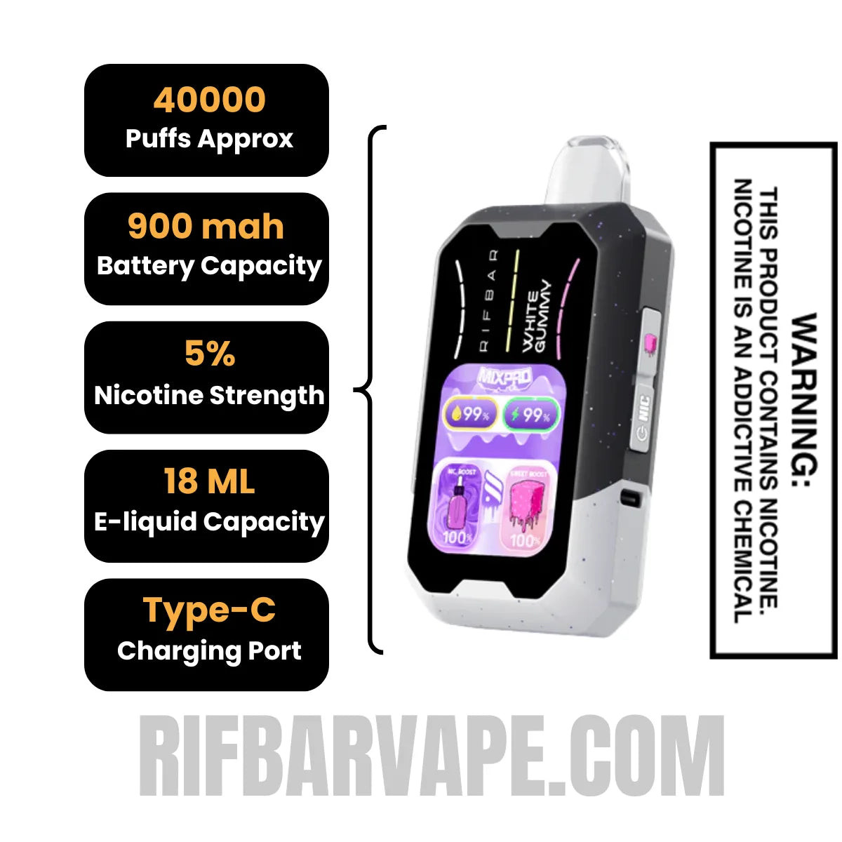 White Gummy Rifbar MixPro Sweet Disposable Vape specifications
