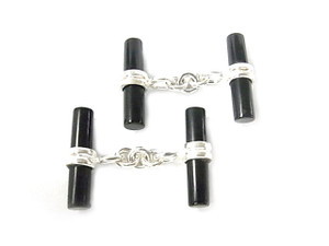 925 Sterling Silver Cufflink With 4pcs 4x20mm Black Agate Tube 1pair [y835b]