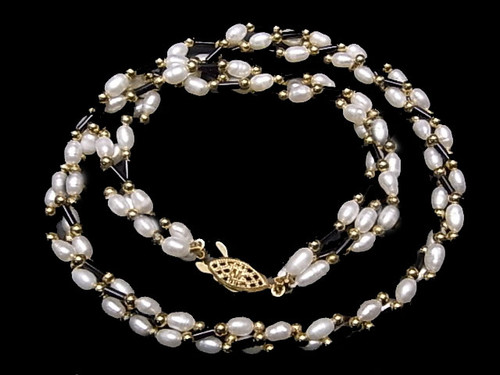 4-5mm 3-Row Freshwater Pearl Necklace 18" Obsidian Tube AA Grade Lustre [p103a]