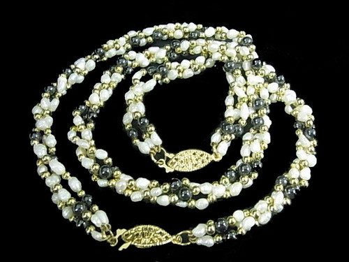 4-5mm 3-Row Freshwater Pearl Necklace 17" & Bracelet 7.5" Hematite , A Grade Lustre [p103p]