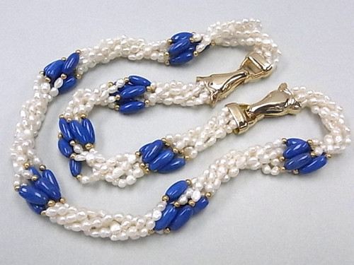 4-5mm 5-Row Freshwater Pearl Necklace 18" & Bracelet 7.5" + Natural Dyed Lapis18K G.P.Clasp , A Grade Lustre [p105d]