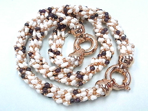 4-5mm 6-Row Freshwater Pearl Garnet Necklace 18" & Bracelet 7.5" 18K G.P.Clasp , A Grade Lustre [p106a]